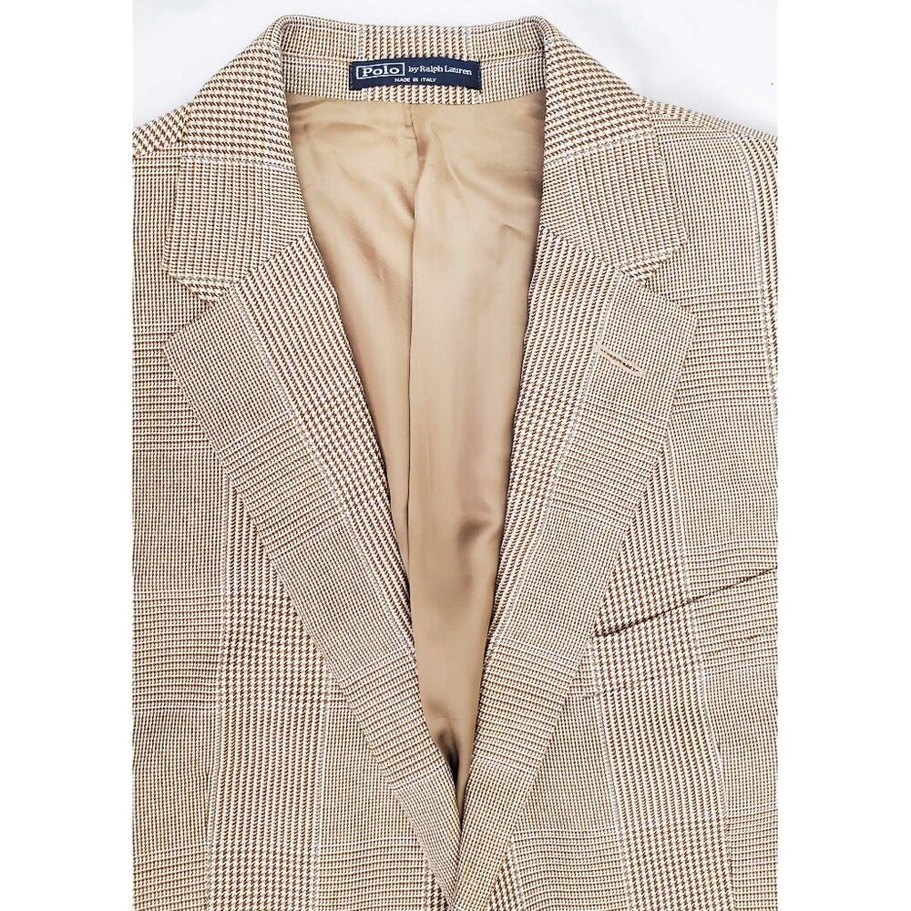 Polo Ralph Lauren Mens Glen Plaid Cashmere Silk Tan Brown Blazer Italy 44 R - Picture 2 of 9